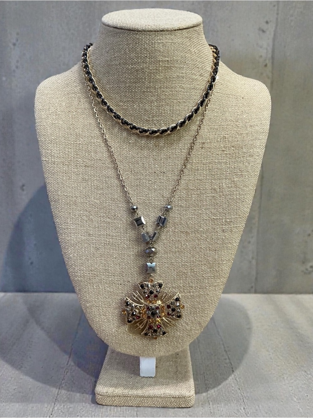 Silver-Tone Pendant Necklace with Multicolor Crystal Accents